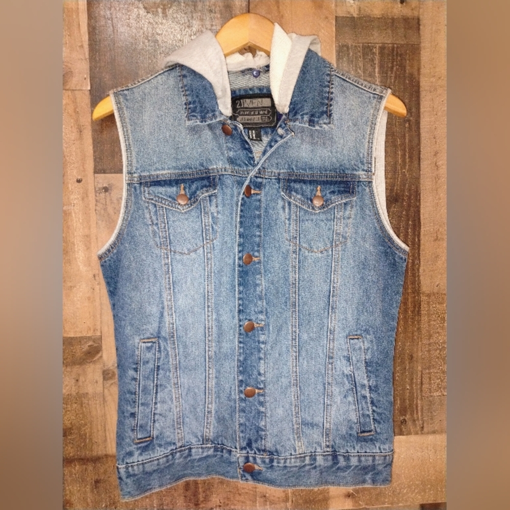 21 Men Blue Denim Vest with Gray Hood Size Men's XS